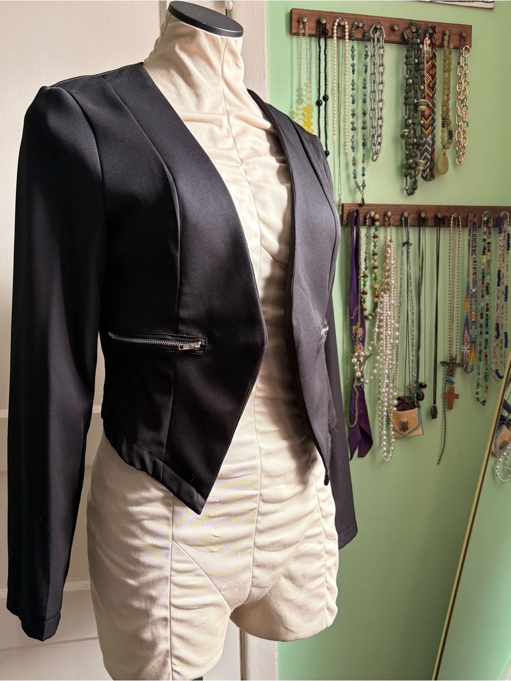 Black Cropped Open-Front Blazer with Zipper Accents